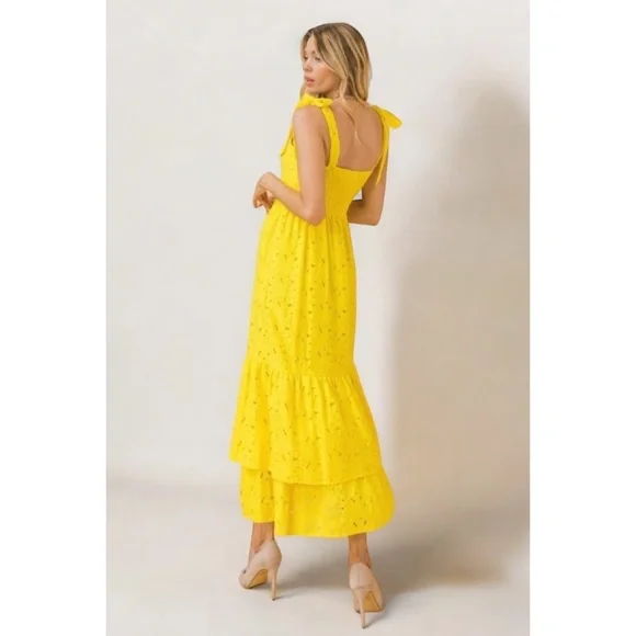 Flying Tomato Yellow Lace Double Ruffle Layer Midi Dress - Picture 7 of 8